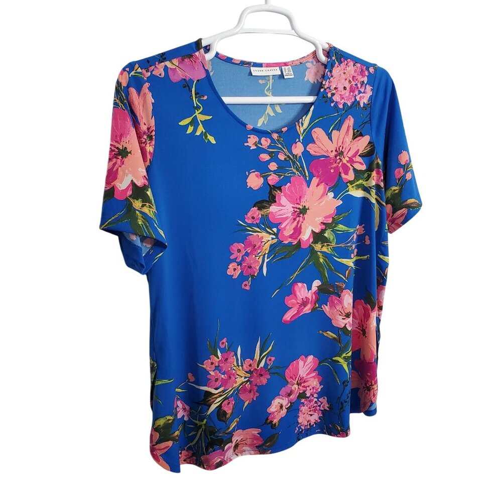 Susan Graver Size 1XLP 1XL Petite Top Floral Liquid Knit ShirtTail Hem Tropical - Picture 1 of 8